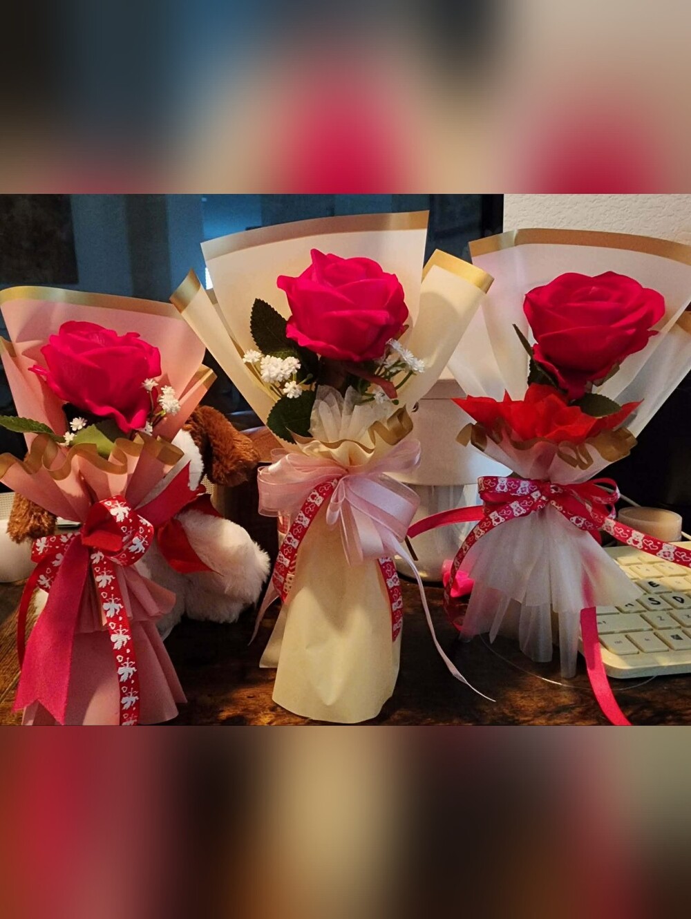 Mini Single Silk Red Rose Bouquet  with Decorative Wraps